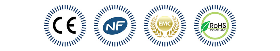 Logos des normes respectées CE NF EMC ROHS